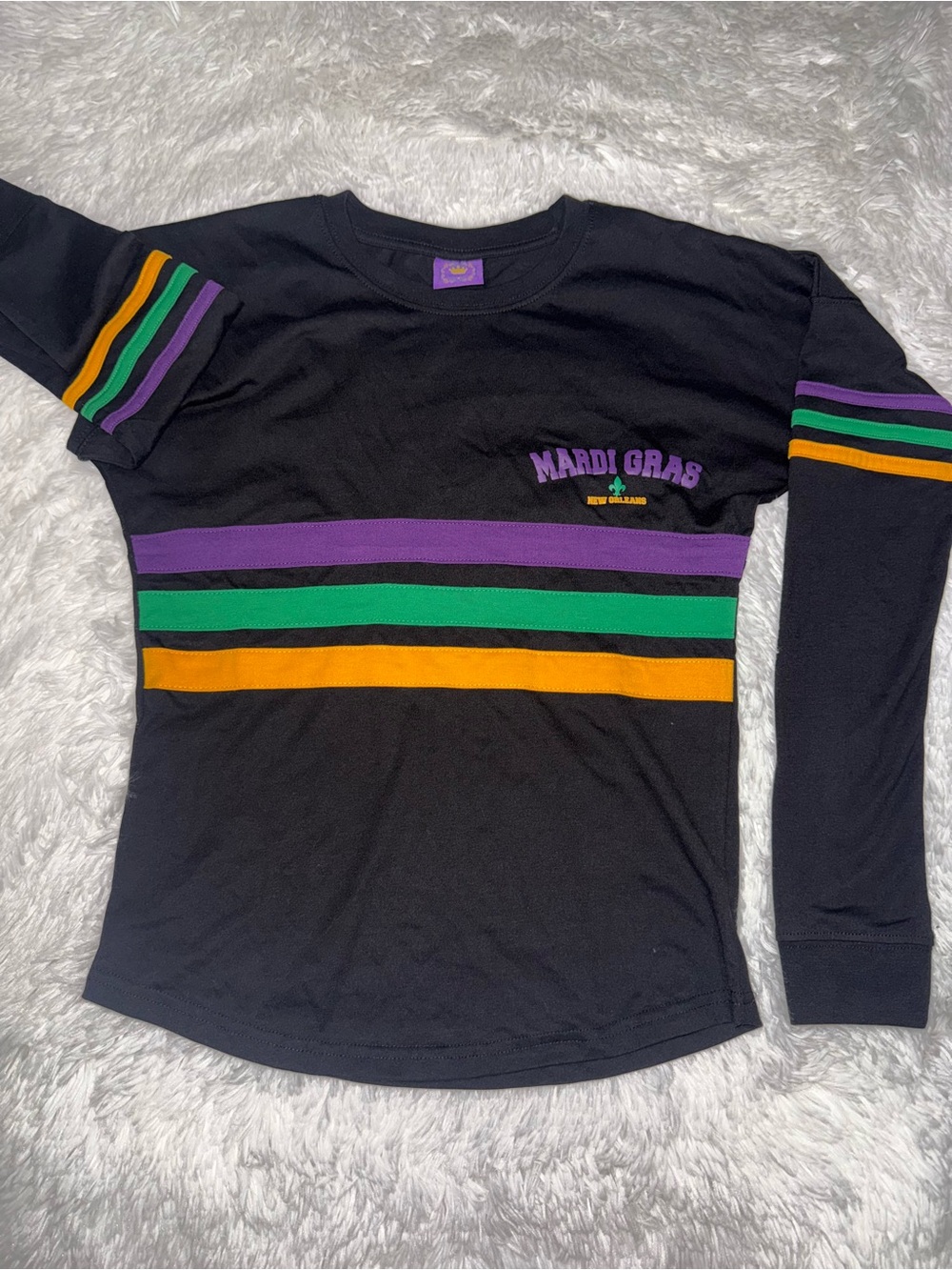 Mardi Gras Striped Long Sleeve Tee - Black with Purple, Green & Gold